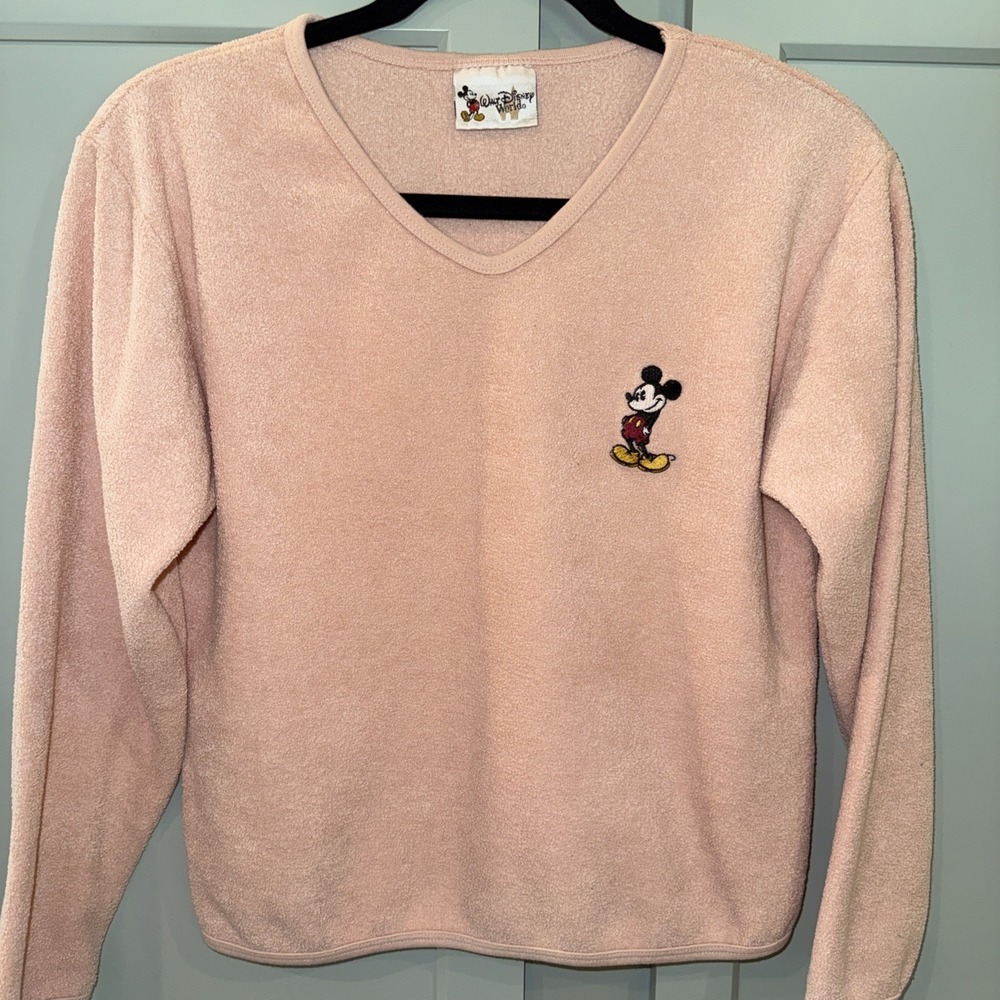 Vintage Walt Disney World Pale Pink V Neck‎ Mickey Mouse Textured Sweater Small